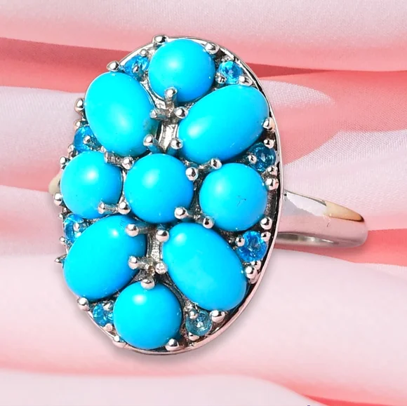 NWT AMERICAN SLEEPING BEAUTY TURQUOISE & NEON APATITE PLATINUM PLATED .925 RING